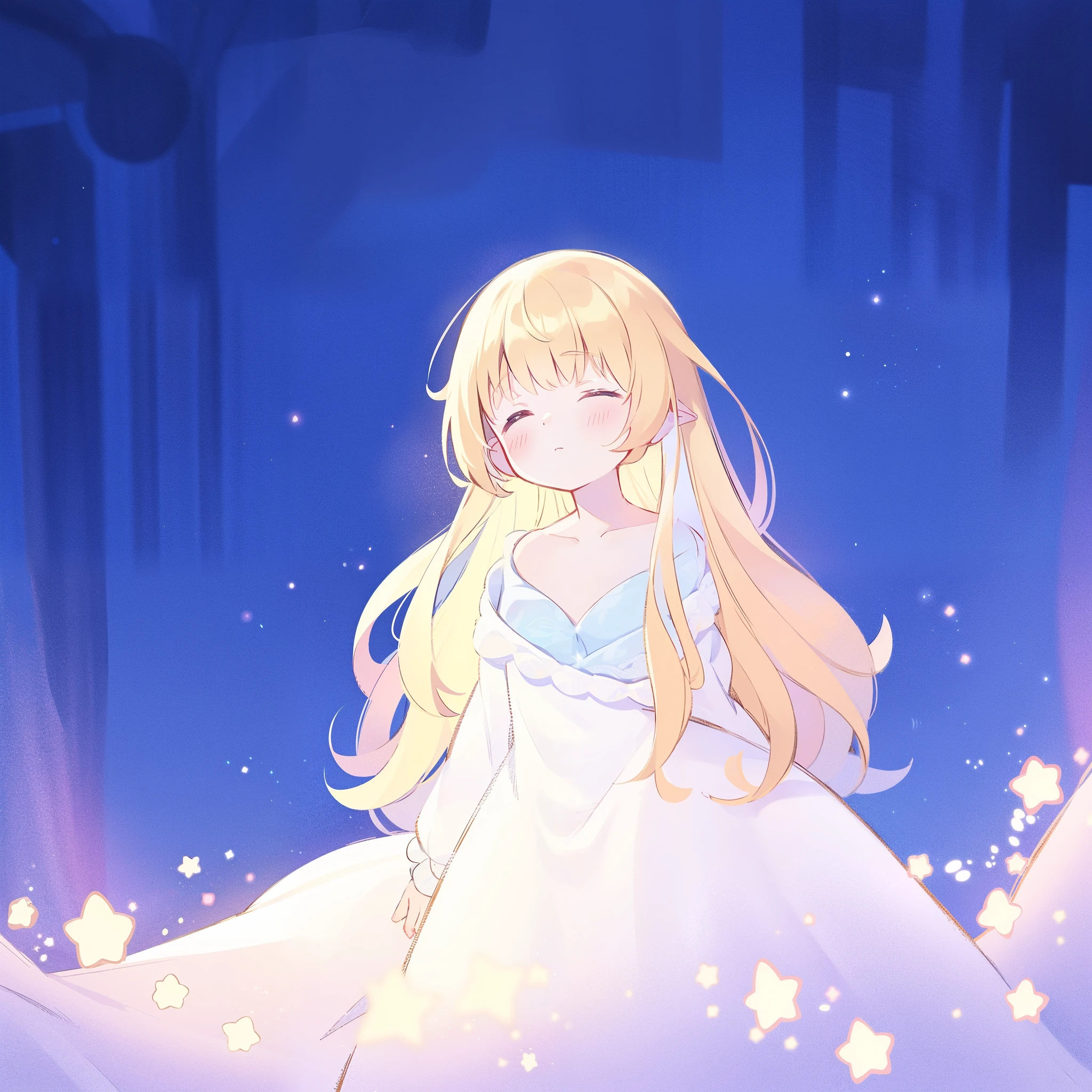 complex background, wishing star background, a woman wearing an ethereal dress that reflects the stars, pale purples and blues, ((glowing stars)), dreamy, peaceful, serene composition, glowing stars, glowing, complex drawing, highly detailed, ethereal, starry night, midjourney style