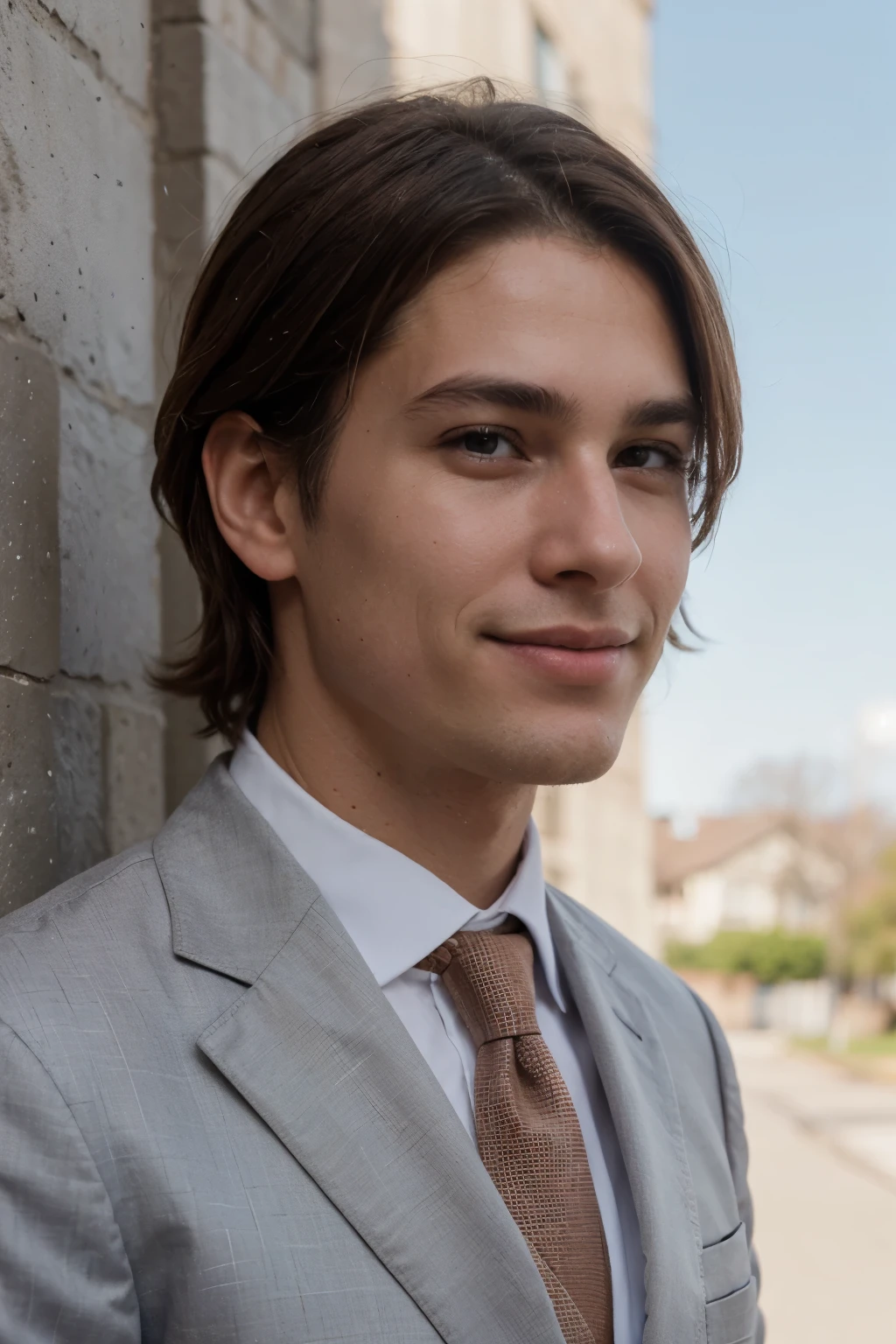 Close up of a man with brown hair, wearing a suit, 1/2 side profile, eyes looking forward, smile at the corner of his mouth, realistic, 4k image quality, with a blue sky background