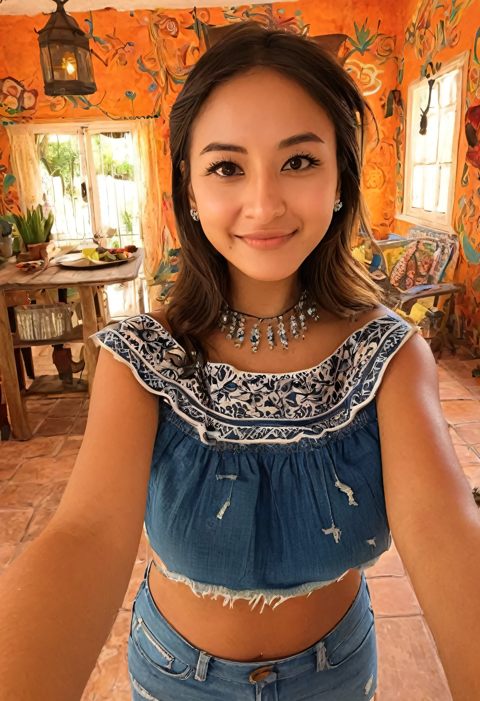 A selfie of a 25 year old Mexican female inside a Mexican styled house, highly detailed, ultra realistic, beautiful, fun, happy, joyful