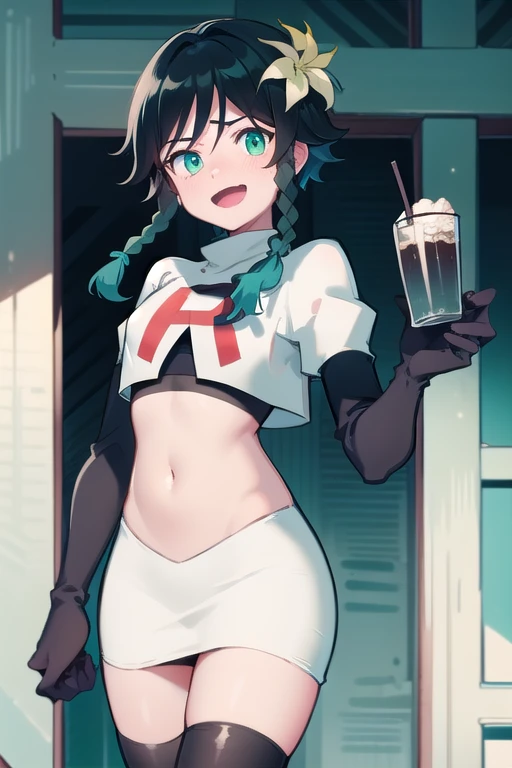 absurdres,venti,1boy, male focus, trap,black hair, green-blue hair, hair braid,hair flower,aqua green eyes,crossdressing,1boy,team rocket,team rocket uniform,white skirt,red letter R,crop top,black thigh-highs,black elbow gloves, cowboy shot,laughing,happy, blush