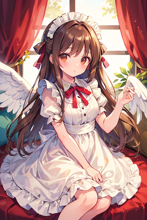 ((masterpiece)), ((highest quality)), ((Super detailed)), pretty girl, Brown long hair, Beautiful brown eyes, Maid clothes, ribbon, Angel&#39;s wing, 🤍, ((Simple white background))