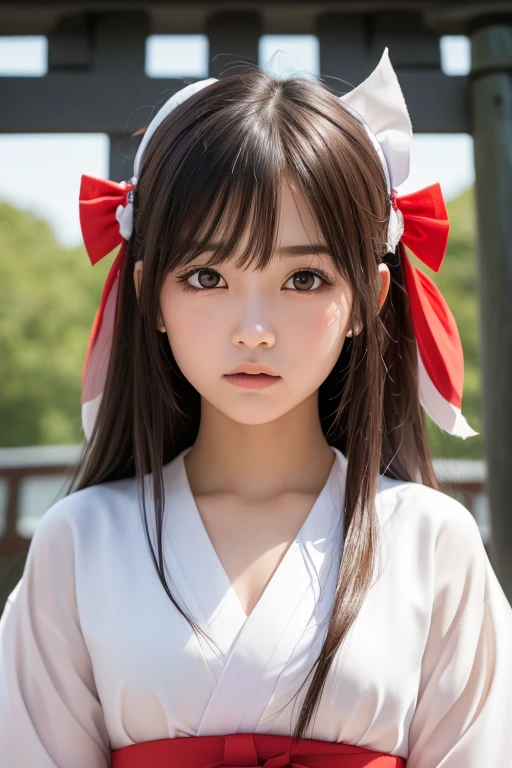 one girl, (a beauty girl, delicate girl:1.3), (:1.3),
break, (Shrine maiden costume:1.3), Zoom in on face,
break, Very fine grain definition, (Symmetrical eyes:1.3),
break, (Inari Shrine:1.3), (torii:1.3),
break, Small breasts, Brown eyes, Parted bangs, Brown Hair,  girl,
break, (Eye and facial details:1.0),
break, (masterpiece, highest quality, Super detailed, Detailed face, 8k)