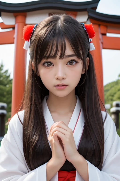 one girl, (a beauty girl, delicate girl:1.3), (************:1.3),
break, (Shrine maiden costume:1.3), Zoom in on face,
break, Very fine grain definition, (Symmetrical eyes:1.3),
break, (Inari Shrine:1.3), (torii:1.3),
break, Small breasts, Brown eyes, Parted bangs, Brown Hair,  girl,
break, (Eye and facial details:1.0),
break, (masterpiece, highest quality, Super detailed, Detailed face, 8k)