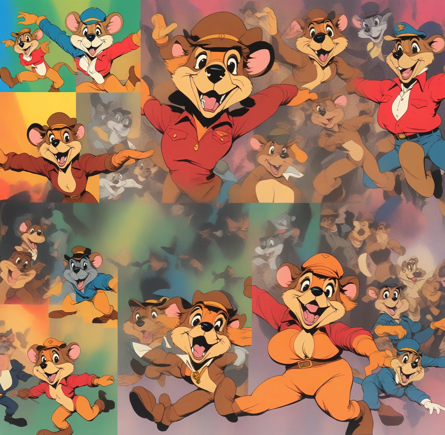 (Talespin 1990's cartoon homage), comic 1990's, animated tv show screengrab, Talespin cast dancing stanky boogie, cinematic poster, image within image, multiple exposure, massive scale, rich color grading for shading depth, hand drawn rotoscope cartoon realism, chiaroscuro lighting, mixed media, vintage comic, retro original design, 1990's comic, sense of movement energy, taking flight, tropical rot, rewilding, (full roygbiv color) ink charcoal expressive illustration, Talespin aesthetics
