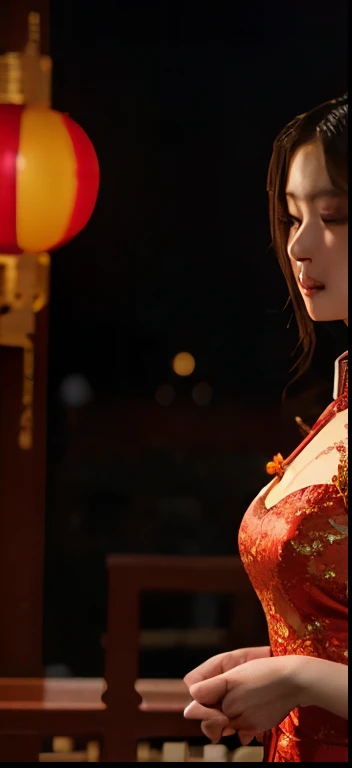 8k, Masterpiece of the highest quality, woman, male, (Gentle shape), Perfect Face, Hanfu Dress, sexy, attractive, Thin fabric Chinese dress, Tower, red lantern Tower,