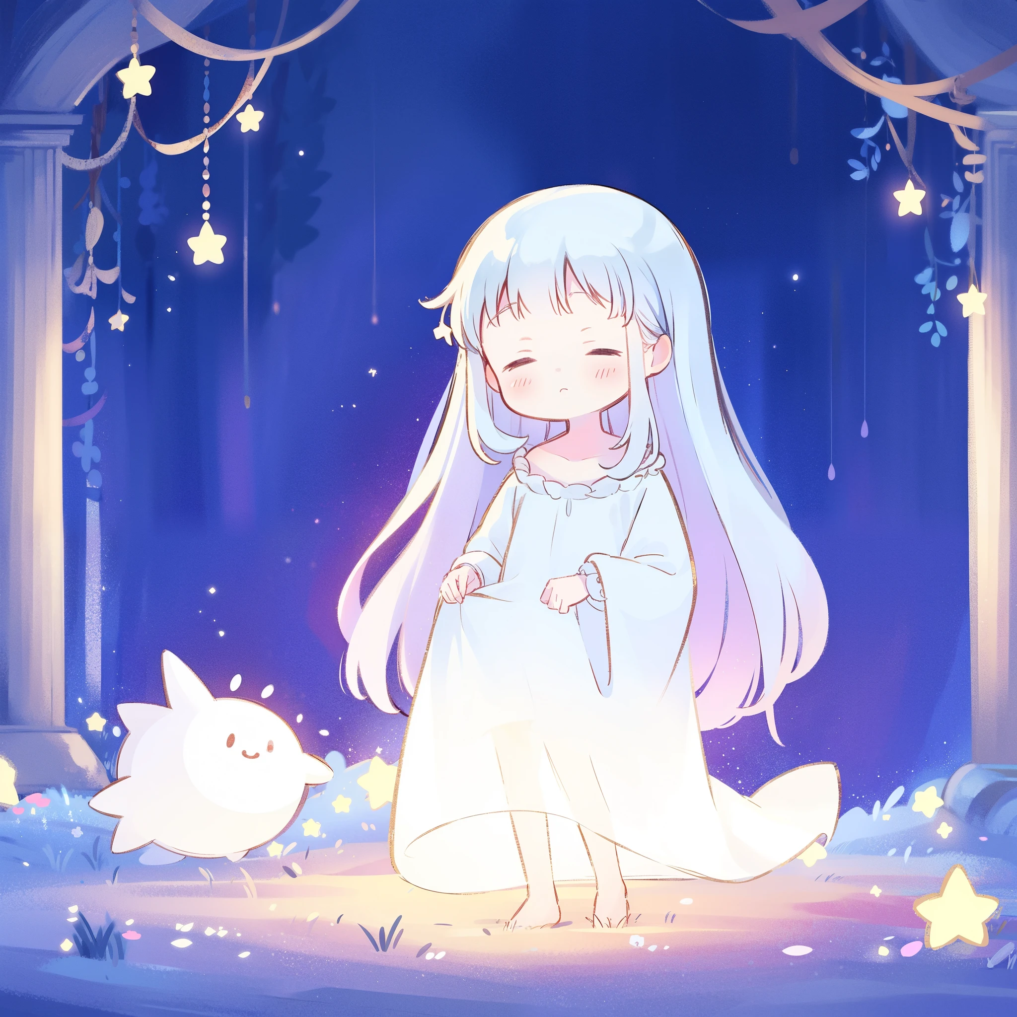 complex background, wishing star background, a woman wearing a translucent nightdress, dreamy, peaceful, serene composition, glowing stars, glowing, mystic, complex drawing, highly detailed, ethereal, starry night, midjourney style