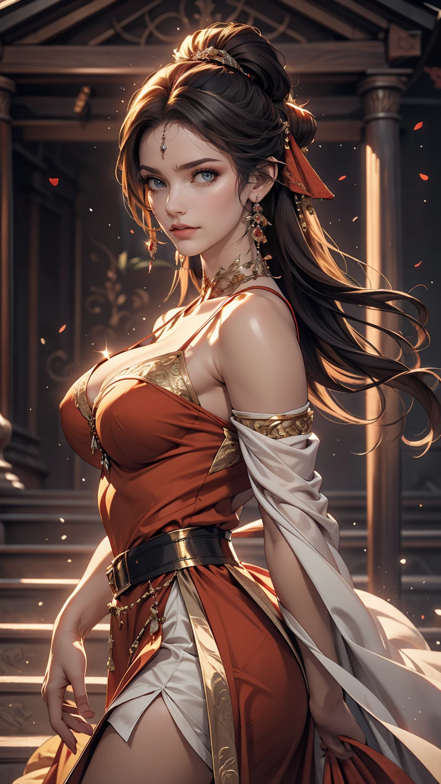 masterpiece, High resolution, highest quality, Very detailed, wallpaper, Picturesque, Brush strokes, Pointed Ears, Yellow Eyes, elongated pupils, Beautiful woman, Big Breasts, Red dress