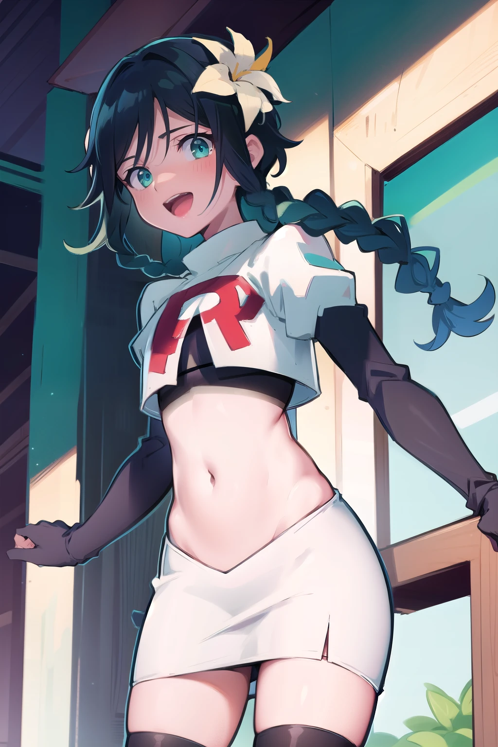 absurdres,venti,1boy, male focus, trap,black hair, green-blue hair, hair braid,hair flower,aqua green eyes,crossdressing,1boy,team rocket,team rocket uniform,white skirt,red letter R,crop top,black thigh-highs,black elbow gloves, cowboy shot,laughing,happy, blush