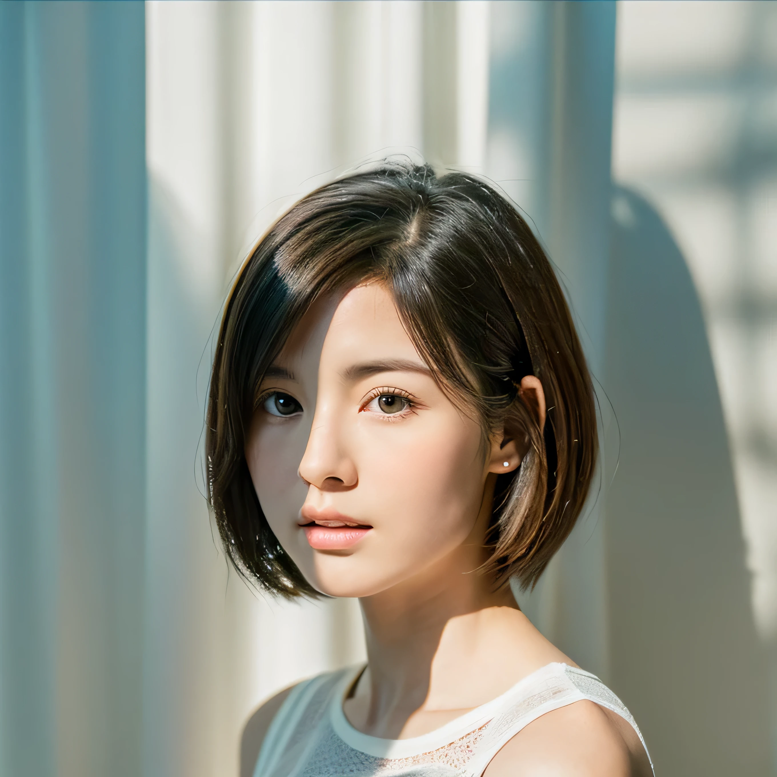 home、close up of face、from side、sit a chair、short-hair、A dark-haired、Sit up、The bikini、Colossal tits、sunlight、Putting light into the eyes