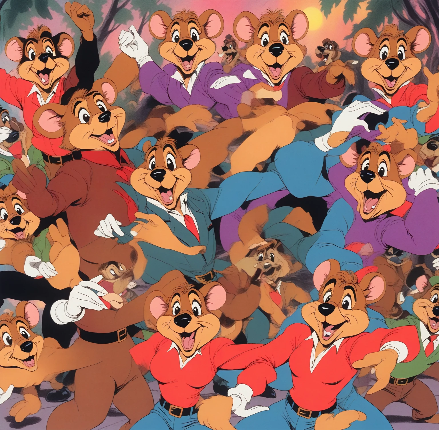 (Talespin 1990's cartoon homage), comic 1990's, animated tv show screengrab, Talespin cast dancing stanky boogie, cinematic poster, image within image, multiple exposure, massive scale, rich color grading for shading depth, hand drawn rotoscope cartoon realism, chiaroscuro lighting, mixed media, vintage comic, retro original design, 1990's comic, sense of movement energy, taking flight, tropical rot, rewilding, (full roygbiv color) ink charcoal expressive illustration, Talespin aesthetics

