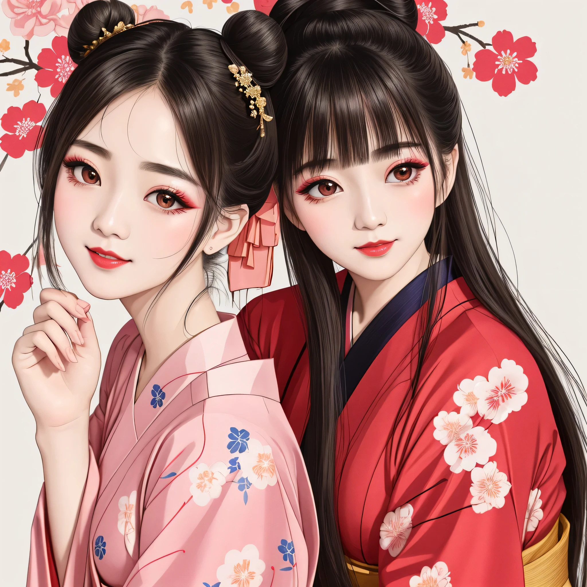 Each has a different expression２People and sisters、(２ girls）、｟Dancing traditional arts with grace)、((Big Breasts、Small Face、Not exposed))、highest quality、masterpiece、（Black Hair、Bun Hair）、Brown Eyes、｟Wide angle、Angle from above the waist、Pause on the magazine cover、Their gazes are different, gazing into the distance｠、(８K High Quality、masterpiece、High resolution、Realistic and beautiful light and shadow、(highest quality)、(High Resolution)、(Very delicate and beautiful)、(Beautiful 8k face)、(With a smile、Beautiful eyes)、(Clear skin)、(Soft hair)、(８Head to Body)、(A Japanese-style yukata kimono with red, pink, orange and blue floral patterns on a white background, interspersed with gold powder、Wearing a yukata２Beautiful Japanese girls)、((Tanabata decoration background))、((Small Face))、(arms up)、Thin and small nose、（Red lipstick）、（Make your cheeks red）、（Glossy skin）、((Ink painting style))、Very thin eyebrows、Overall ultra-high image quality、（She is wearing maiko-style makeup.）、Whitening、Long and beautiful eyelashes、Glowing Skin、（Red cheeks）,Straight nose、masterpiece、highest quality、whole body、 Eyebrows visible through hair、Bun Hair、Grin、Gal、Gal、Viewer&#39;s Eyes、Plaid、Stylish、woman、fine、Pause、
Waiting to start 
