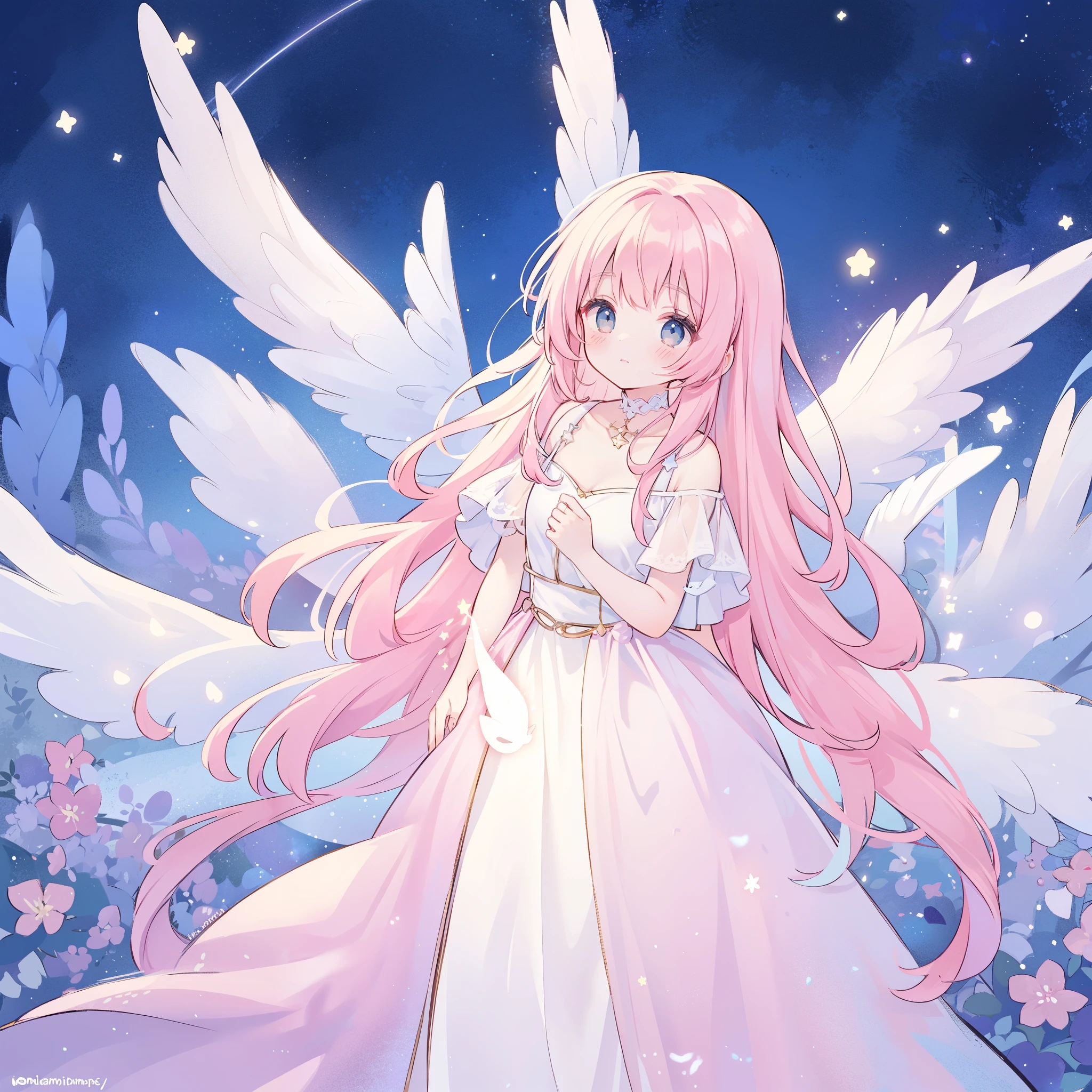 complex background, wishing star background, a woman wearing an ethereal mystical pink translucent dress that reflects the stars, dreamy, peaceful, serene composition, glowing stars, glowing, mystic, complex drawing, highly detailed, ethereal, starry night, midjourney style