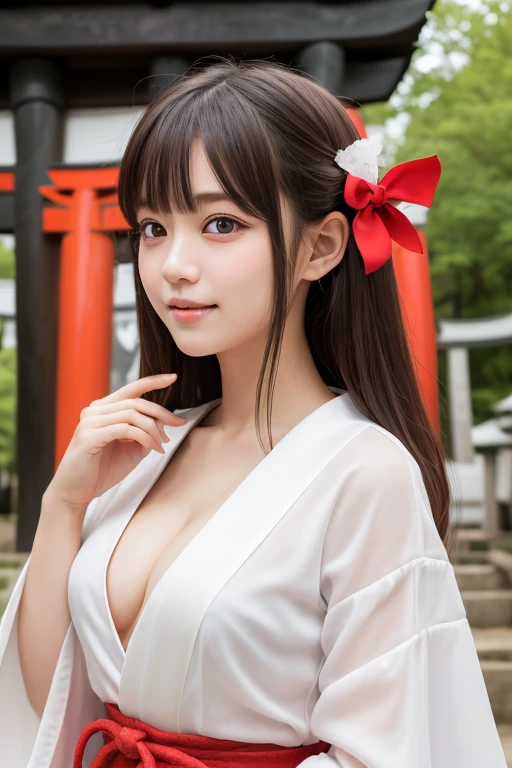 one girl, (a beauty girl, delicate girl:1.3), (:1.3),
break, (Shrine maiden costume:1.3), Zoom in on face,
break, Very fine grain definition, (Symmetrical eyes:1.3),
break, (Inari Shrine:1.3), (torii:1.3),
break, Small breasts, Brown eyes, Parted bangs, Brown Hair,  girl,
break, (Eye and facial details:1.0),
break, (masterpiece, highest quality, Super detailed, Detailed face, 8k)、fingersmile、embarrassed、blush、open clothes、cleavage