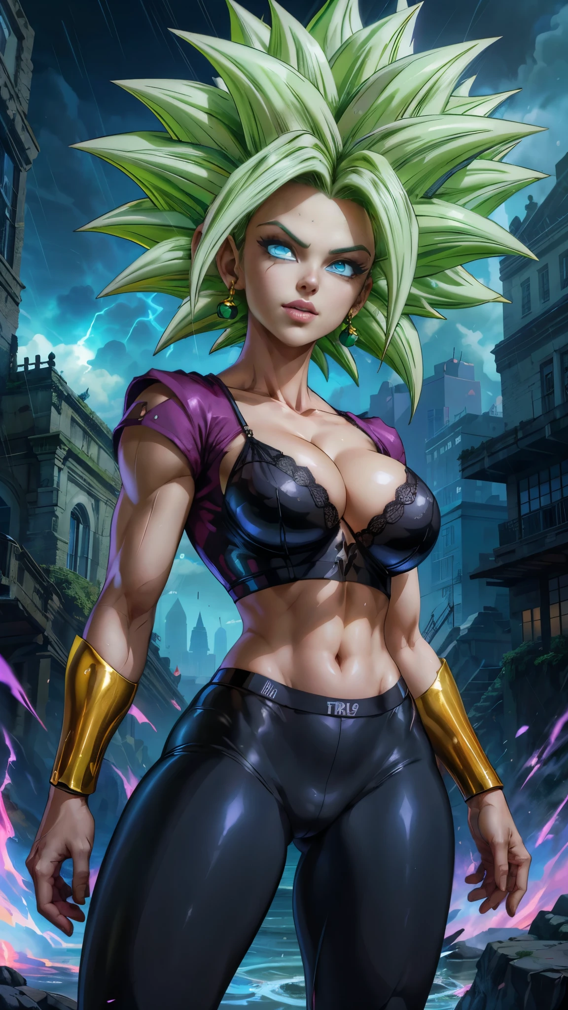  (La mejor calidad,A high resolution,Ultra - detallado,actual),Kefla [Dragon Ball Super),(cabello verde neon completo :1.4) , top corto negro, (medias blancas brillantes/pantys:1.4),,(Fondo de ruinas de mazmorra en ruinas cyberpunk :1.4 ), More detailed 8K.motor irreal:1.4,UHD,La mejor calidad:1.4, fotorrealista:1.4, textura de la piel:1.4, obra maestra:1.8,obra-prima, mejor calidad,objeto Objeto], (detailed face features:1.3),(Las proporciones correctas),(Ojos hermosos azules:1.4 ),  (dynamic cowboy pose), (Kefla Dragon Ball Super:1.4), (perfect anatomy :1.4),( cinematic lighting :1.4), (Kefla Dragon Ball Super V2.1),( fondo truenos cayendo lluvia agua nublado :1.4), (Detalles de la cara: 1.5, ojos azules brillantes, hermoso rostro, ojos bonitos, Contorno del iris, labios delgados: 1.5, Thin, sharp pale eyebrows, Long, dark eyelashes, double tabs),(estilo encaje lingerie white :1.4), (colores brillantes), (Chaqueta abierto plastic:1.4), score_9, score_8_up, score_7_up, score_6_up, rating_explicit, 1girl, ((18YO:1.2)), Adult, full lips, big clear eyes, light blue eyes, (( hair:1)), (long wavy hair: 1.2),