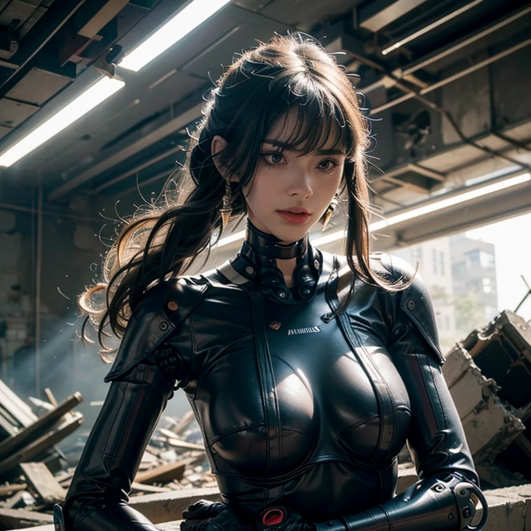 A highly detailed Cyborg, arms crossed in front of a destroyed city, sporting futuristic details on his bionic body. (An extremely detailed cyborg with crossed arms in front of a destroyed city, with futuristic details on their bionic body.),Beautiful Face、Beautiful woman