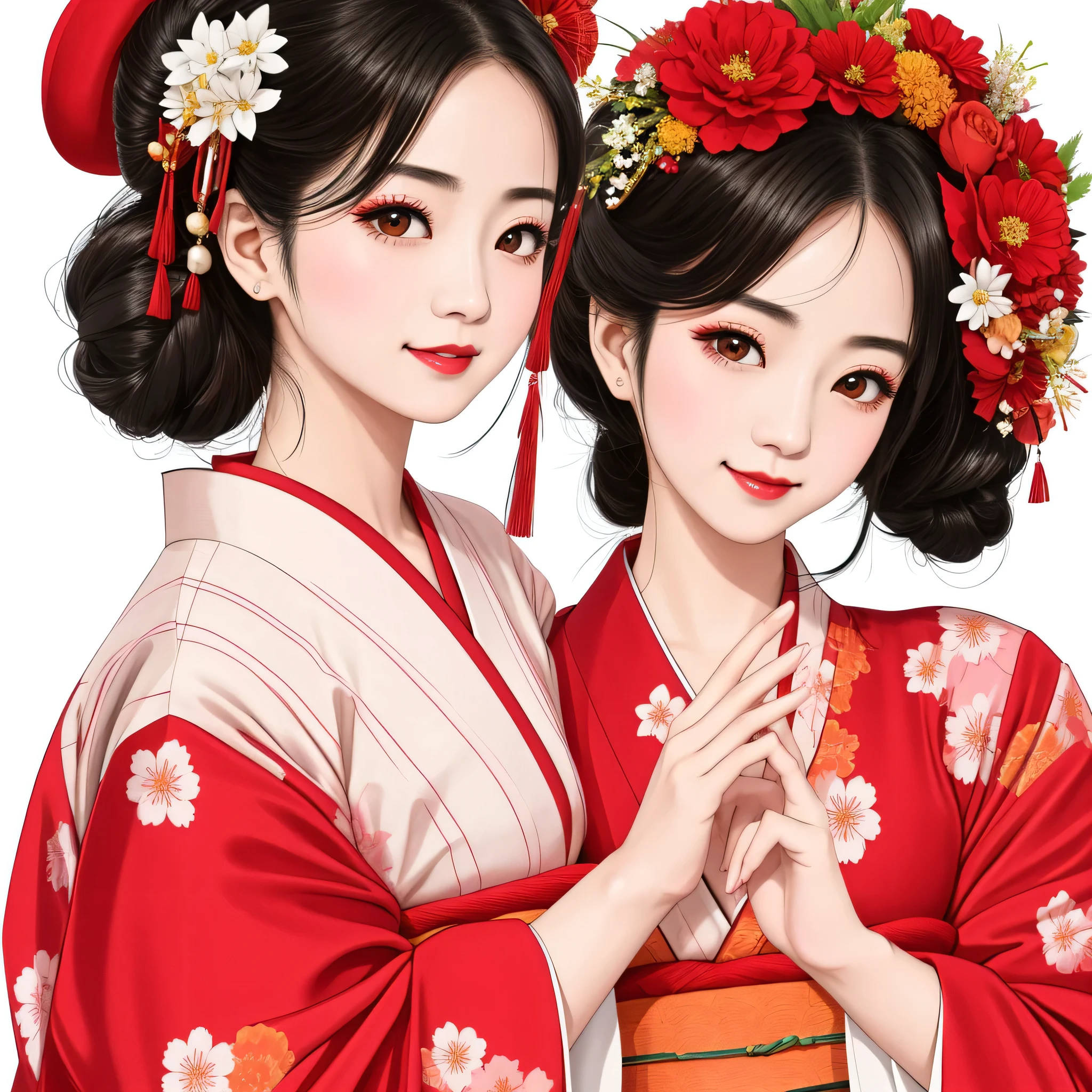 7 sisters, 7 girls with different faces and expressions, dancing gracefully, small faces, top quality, masterpieces, black hair, bun hair, wide angle, diagonally above the waist, magazine cover pose, 8K high resolution, Masterpiece, high resolution, realistic and beautiful light and shadow, top quality, high resolution, very delicate and beautiful, beautiful 8K face, smile and smile. Seven beautiful Japanese girls with eyes, transparent skin, soft hair, eight heads, Japanese style kimonos with red, pink and orange floral patterns on a white background, yukatas, small faces, thin and small noses, red lipstick , glossy skin, very thin eyebrows, overall super high resolution, Maiko-style makeup, fair skin, long and beautiful eyelashes, glossy skin, red cheeks, holding a flower hat prop in one hand, dance, Kasa Odori, Kasanihi Odori, Japan Dance, festival, movie poster style