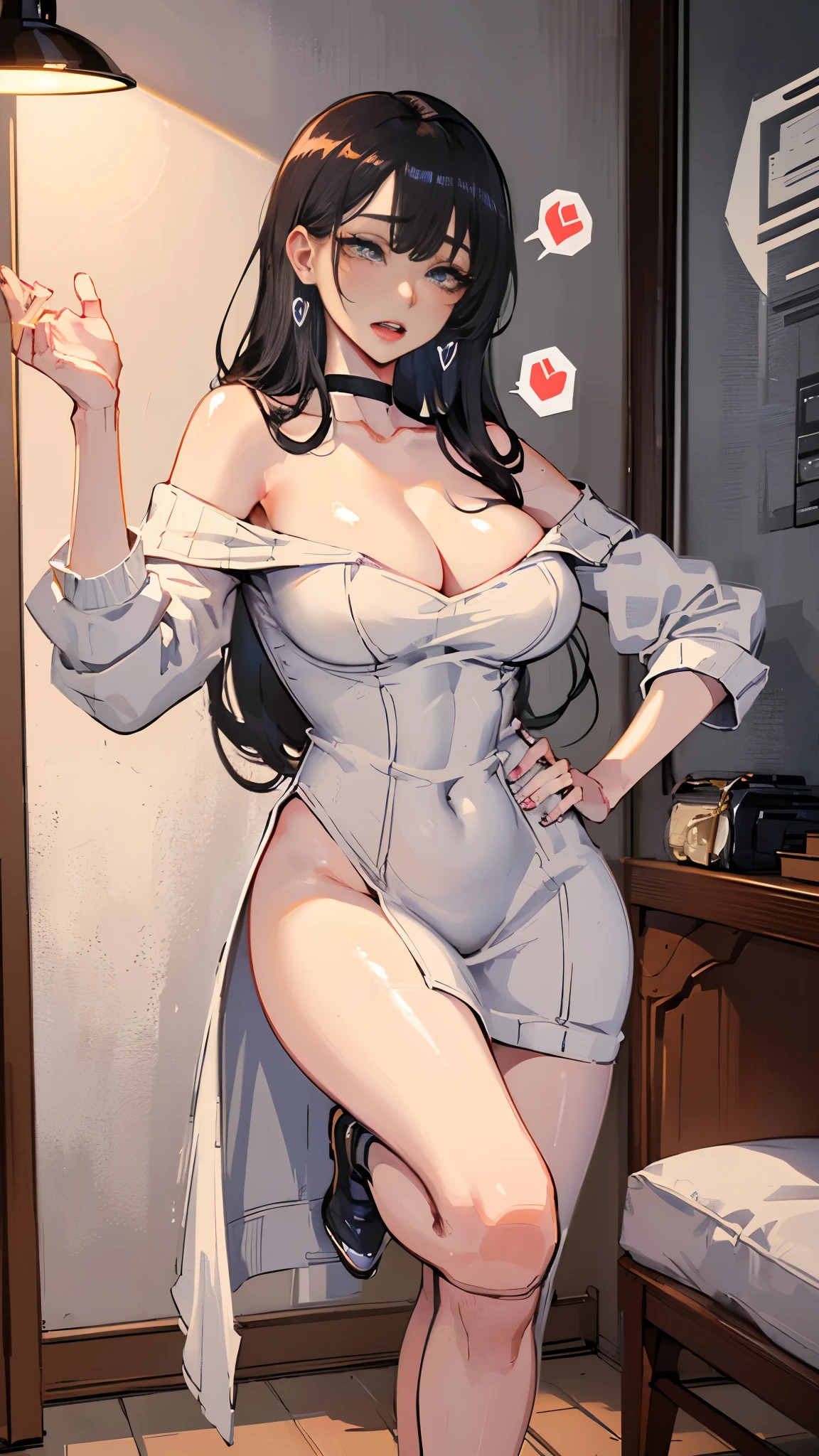 (masterpiece, highest quality, highest quality, Official Art, Beautiful and aesthetic:1.2, Cinematic lighting、Key light at 45 degrees from the front, Fill Light、Soft backlight),
Beautiful Face、Perfect round ass、The body is slim、Fit and body、Pale skin、Shiny, bright eyes、Long eyelashes、Glossy face、Pervert woman、Beautiful mature woman,
(Oily skin、Glowing Skin、Realistic skin texture、Beautiful skin in every detail、Shiny skin),
A 23-year-old 、(Cute:1.5)、
((Open your mouth))、masterpiece,highest quality,High resolution,Very detailed,skinny,,((Captivating smile ))、(skinny Black hair)Choker,Earrings,Big cleavage、(Light-colored off-the-shoulder tight sweater dress:1.5)、,Race,(( Perfect Fingers )) , indoor,(Open the front door 1.2),((sexy Gestures:1.5, A flirtatious, sexy face、A sweet, ecstatic face:1.5, Open your mouth and look at me))、Heavy breathing ,
Accurate 5-finger、Accurate human body、The perfect human body、The most beautiful face, true to the human body、Correct five-finger、The perfect human body、Someone knowledgeable、Highly detailed face and skin texture、Natural neck length、(beautiful Hands)、beautiful, Long, slender legs、Straighten two legs、Straighten two arms、(Mega Big Tits, Sexy Woman), (Lots of spoken words:1.8, A lot of heartfelt voices:1.8))、Motion Blur、((steam,sweat, Vulgarity))