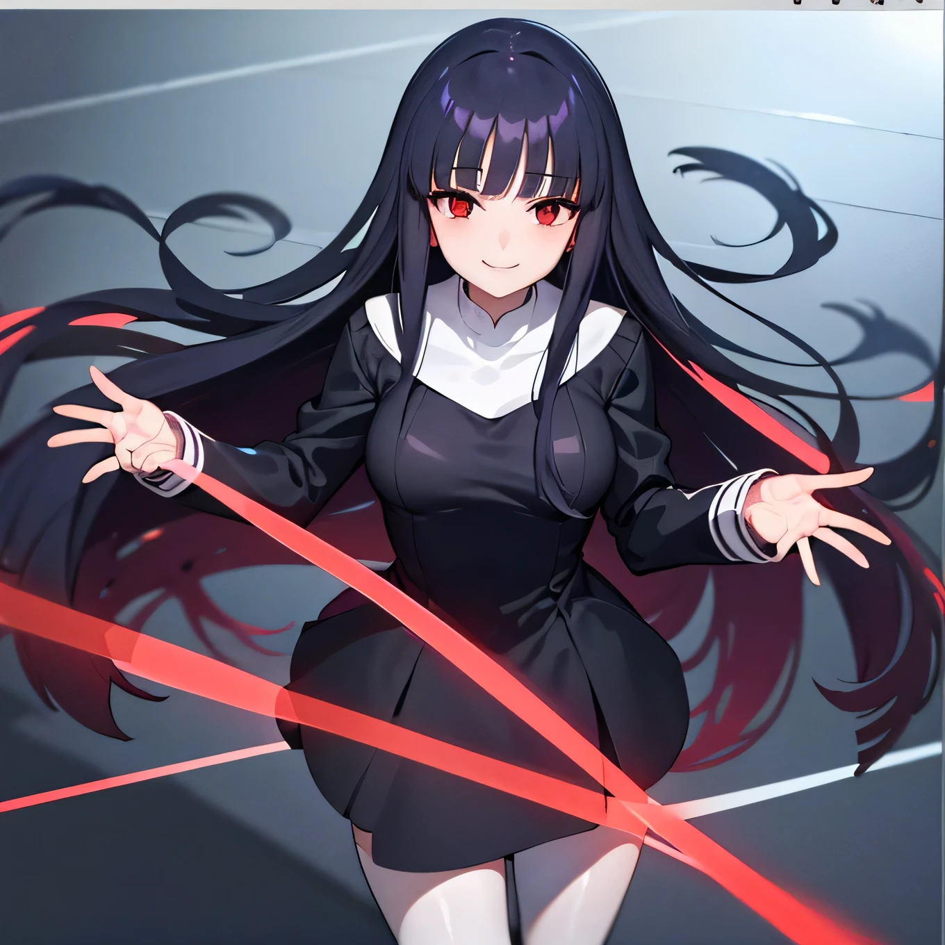 best quality: 1.0), (ultra high resolution: 1.0), anime girl, black long hair, red eyes, long sleeves, blue short dress, stand, whole body, smiling face, black pantyhose, white slippers, alone, classroom background