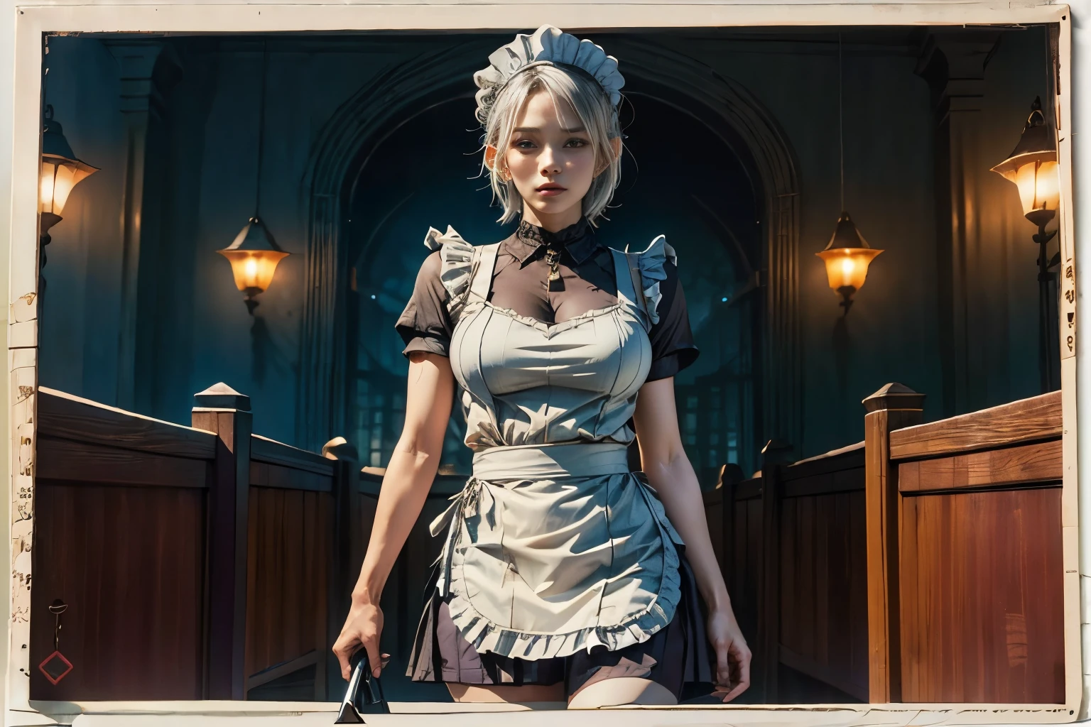 Maid clothesを着た美しいサイボーグの女性兵士、Short white hair、Muscular、Six Pack Abs、(Maid clothes:1.8)、(White ruffled apron:1.4)、Facial blemishes、Eye patch、（Engage in a gunfight with space gangsters:1.55）、Smirking expression、Dynamic configuration、detailed、Photorealistic、8k、High resolution、超detailed、Cinematic lighting、Dramatic colors、SF、Concept Art
