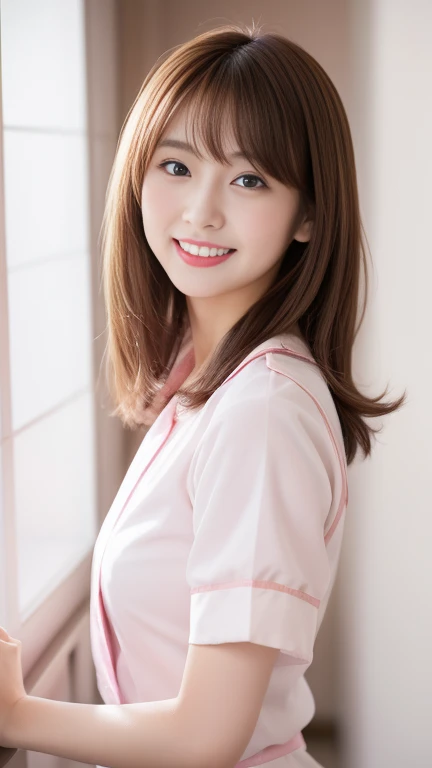 highest quality、8k wallpaper、Reality:1.4、Cinema Lighting、View your viewers、background:An all-white room、1 beautiful girl、Japanese Idol、19 years old、Beautifully detailed eyes、Detailed face、Beautiful Skin、Slender、Slim waist、Thin legs、Red lipstick、Fancy hairstyle:1.8、Random hair color、Light Hair、Asymmetrical bangs、Japanese nurse outfit、Light pink nurse uniform、smile:1.5、Seductive pose