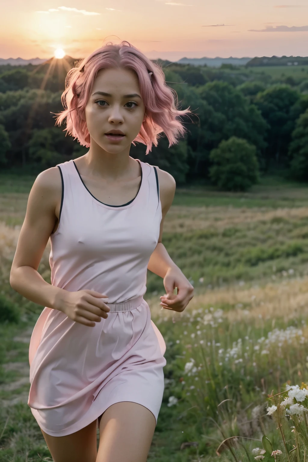 Hunter x hunter screenshot of a light skinned girl with pink eyes and light pink hair, She has a white dress and is running in a meadow at sunset. His facial expression is nervous.