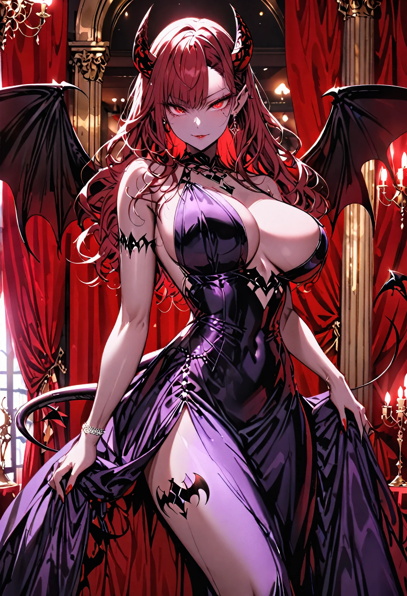 solo, female, sfw, serious pose, jewelry, medium shot, extremely attractive, flawless porcelain skin, long lustrous wavy red hair, red eyes, huge breasts, seductive smile, luxurious, cocktail dress, ball room, velvet curtain, succubus, horns, demon wings, spade tail, huge woman, billowing dress, conservative dress