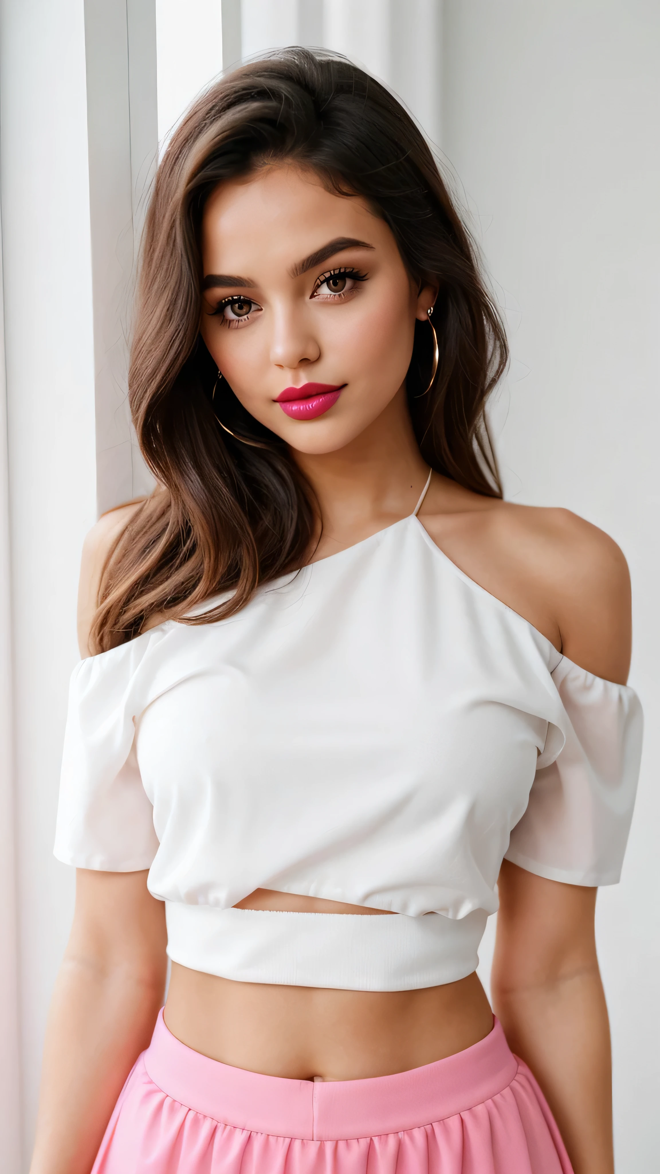 Lips are beautiful and bigger and glosy shoulder are narrow waist size would be medium and wearing blue crop top and white skirt on girl and body shape would. Be hour glass and wearing cute makeup with pink lipstick