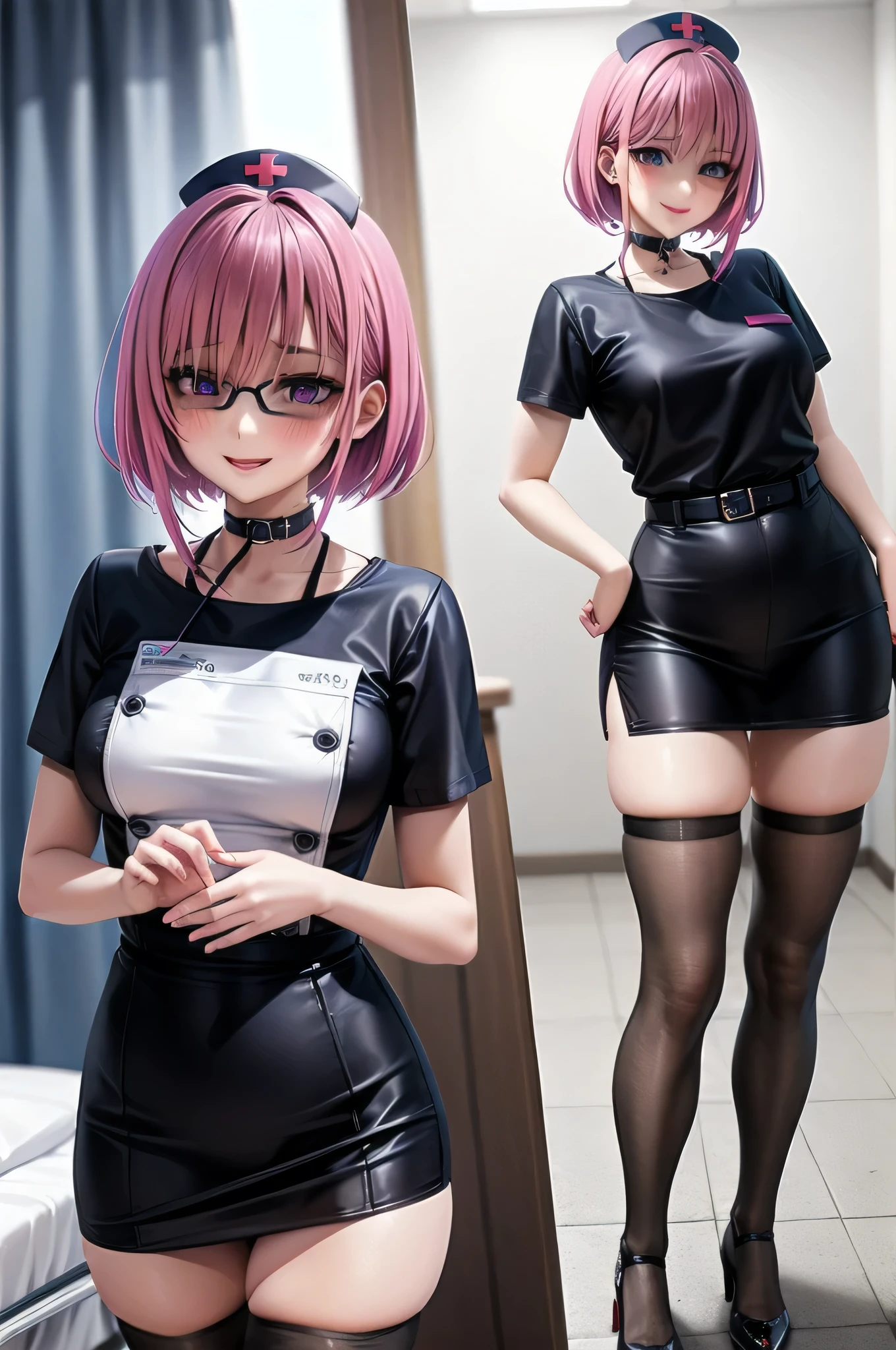 1girl, solo,black  nurse, black nurse cap, black wear, ((black legwear, zettai ryouiki)), black gloves, very short hair, orange hair, smile, open mouth, standing, ((hospital room)), sharp outline, short sleeves, tomboy, boyish, best quality, masterpiece,facial,Heart symbol、Uterus mouth、Fertilization, Glasses,Voice of the Heart,Breast milk,Ecstatic expression、Yandere、Menhera、Purple Eyes