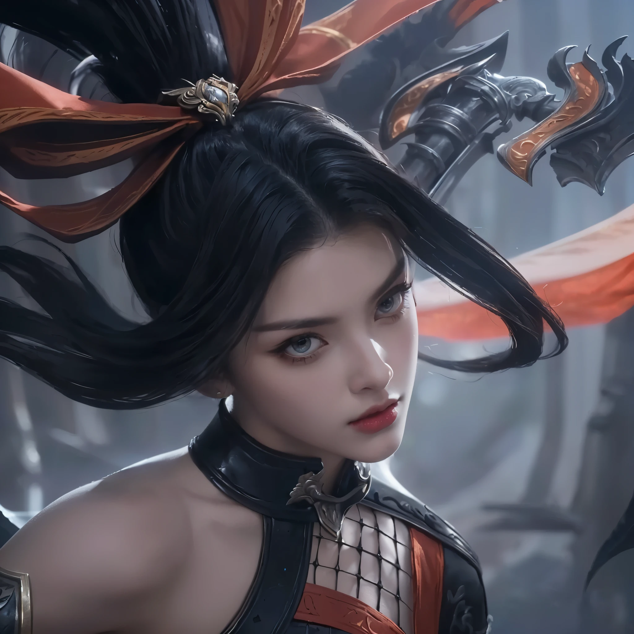a close up of a woman with a large elaborate hairdo, holding a sword, highly detailed face, intense expression, dramatic lighting, fantasy art, digital painting, hyperrealistic, 8k, extremely detailed, cinematic composition, dramatic colors, dramatic lighting, ornate costume, rich textures, intricate details