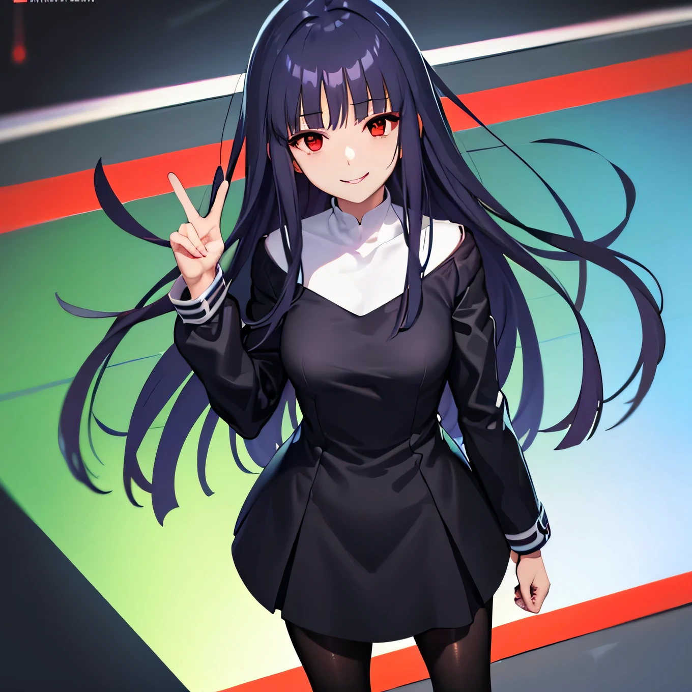 best quality: 1.0), (ultra high resolution: 1.0), anime girl, black long hair, red eyes, long sleeves, blue short dress, shoulder exposure, stand, whole body, smiling face, black pantyhose, white slippers, alone, view from the front, medium chest, classroom background