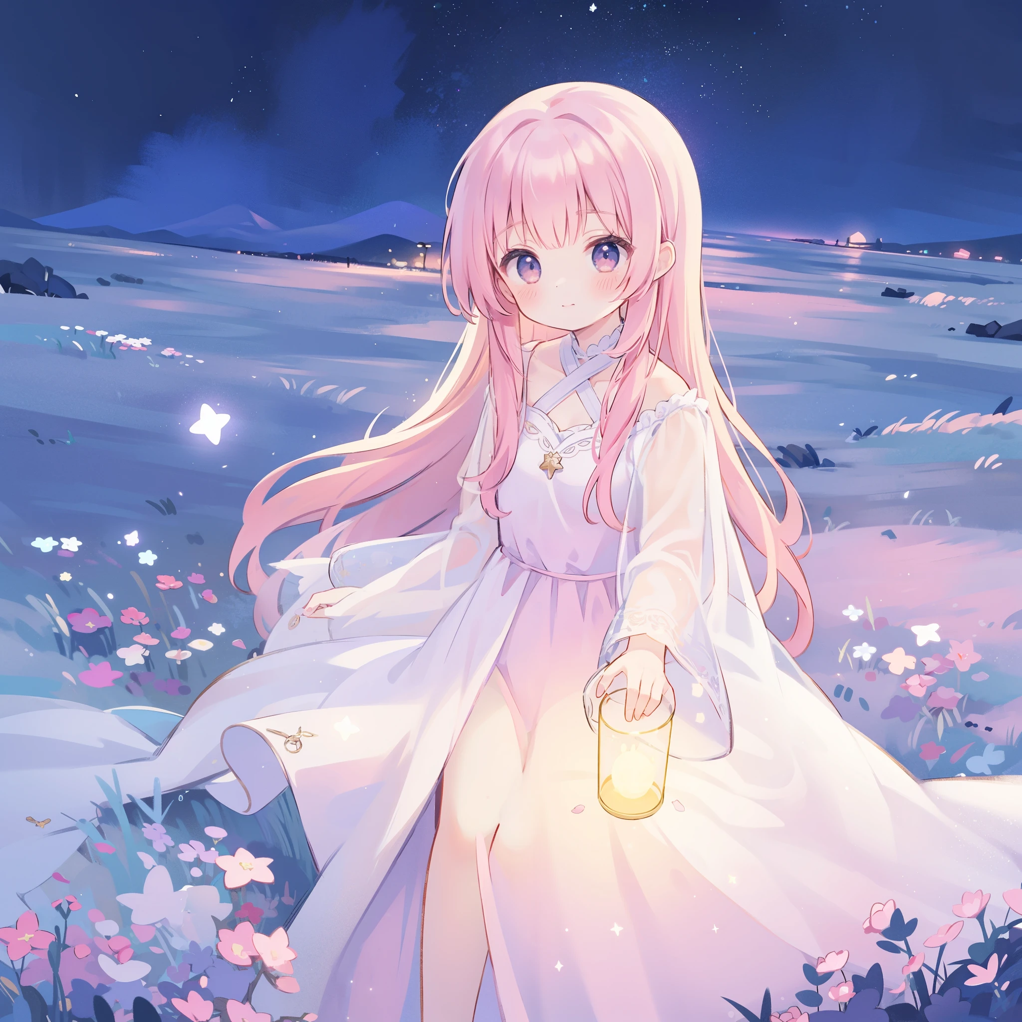 complex background, wishing star background, a woman wearing an ethereal mystical pink translucent dress that reflects the stars, dreamy, peaceful, serene composition, glowing stars, glowing, mystic, complex drawing, highly detailed, ethereal, starry night, midjourney style