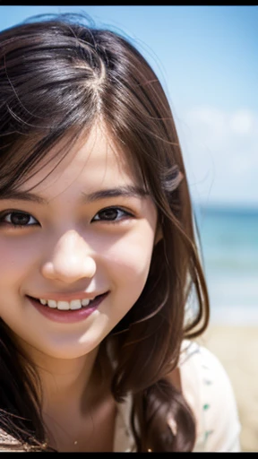 (RAW Photos:1.2), (Realistic:1.4),(Tabletop:1.3),(highest quality:1.4),超A high resolution,Hmph,8k, (Highly detailed illustration), 1 girl, Beautiful face in every detail, , Long Curly Hair,smile,alone, View the viewer,Clear Background, At the Beach, Depth of written boundary, Natural light,(See-through silhouette),Ulzzang-6500-v1.1:0.7