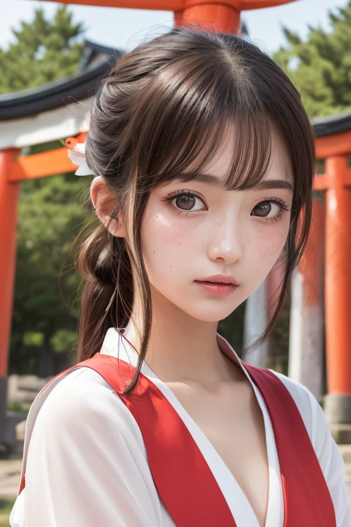 one girl, (a beauty girl, delicate girl:1.3), (24-years-old:1.3),
break, (Shrine maiden costume:1.3), Zoom in on face,
break, Very fine grain definition, (Symmetrical eyes:1.3),
break, (Inari Shrine:1.3), (torii:1.3),
break, Small breasts, Brown eyes, Parted bangs, Brown Hair,  girl,
break, (Eye and facial details:1.0),
break, (masterpiece, highest quality, Super detailed, Detailed face, 8k)、sulking 、open clothes、cleavage、double bun、freckles、Round Glasses