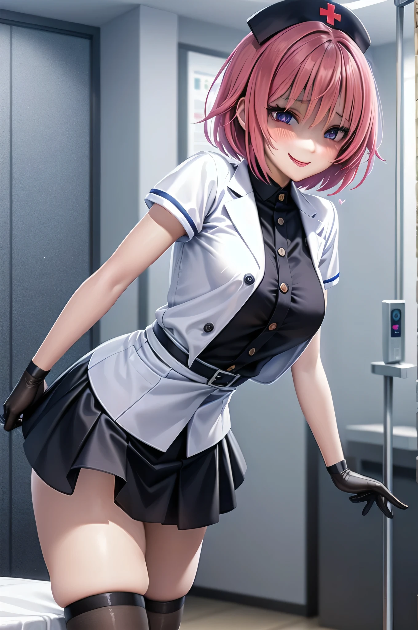 One girl, alone,Black Nurse, black nurse cap, Black clothes, ((Black legwear, zettai ryouiki)), Black gloves, Very short hair, Orange Hair, smile, Open your mouth, Are standing, ((Hospital room)), Sharp contours, Short sleeve, Tomboy, boyish, highest quality, masterpiece,facial,Heart symbol、uterine orifice、Fertilization, Glasses,Voice of the Heart,Breast milk,Ecstatic expression、yandere、Until death、Purple eyes,blush、Downward shot