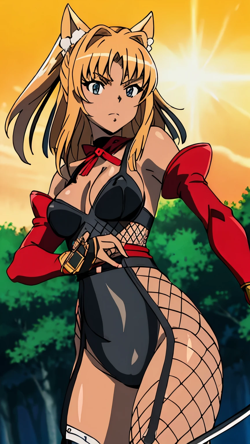 Masterpiece, Top Quality, Super Detailed, (Perfect Face, Detailed Face), 1 Girl, Solo, Long Hair, Two Sides Up, Light Dark Skin, Hair Ribbon, Medium Breasts,10's style, (ninja:1.3),(fishnet-bodysuit:1.3), bare shoulders, detached sleeves, cleavage,thighhighs,(red ribbon:1.2),(ninja sword:1.1), stylish pose, stylish angle, staring viewer in the center of the image, cowboy shot,