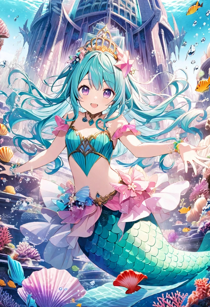 Sono Chieri \(AKB0048 Next Stage\), (aquamarine hair), (purple eyes):1.2, (mermaid), mermaid costume, bangs, smiling cheerfully, colorful seashells hair ornament, ((ultra-detailed)), ((illustration)), ((flowing hair)), (beautiful detailed eyes), female, 1girl, swimming, ((giant seashells, underwater palace)), looking at viewer