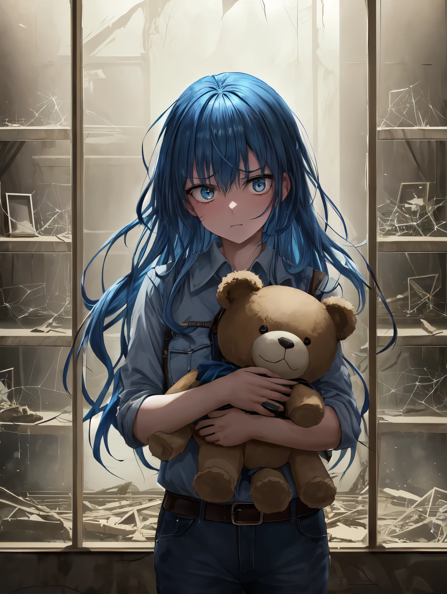 (high quality) (4K) (Better Quality) One girl, Blue Hair (cowboy_injection:1.2), Face focus, Long Hair, Fringe Sidelock, Scared,(scared:1.1) Performance, Holding a teddy bear, Atmospheric lighting, Sulky, darkness, In an old museum in ruins, The clear glass display case is filled with interesting objects, Dusty, Post-apocalyptic, Spider web, That's excellent, Beautiful 8K Wallpapers, Very detailed, Complex