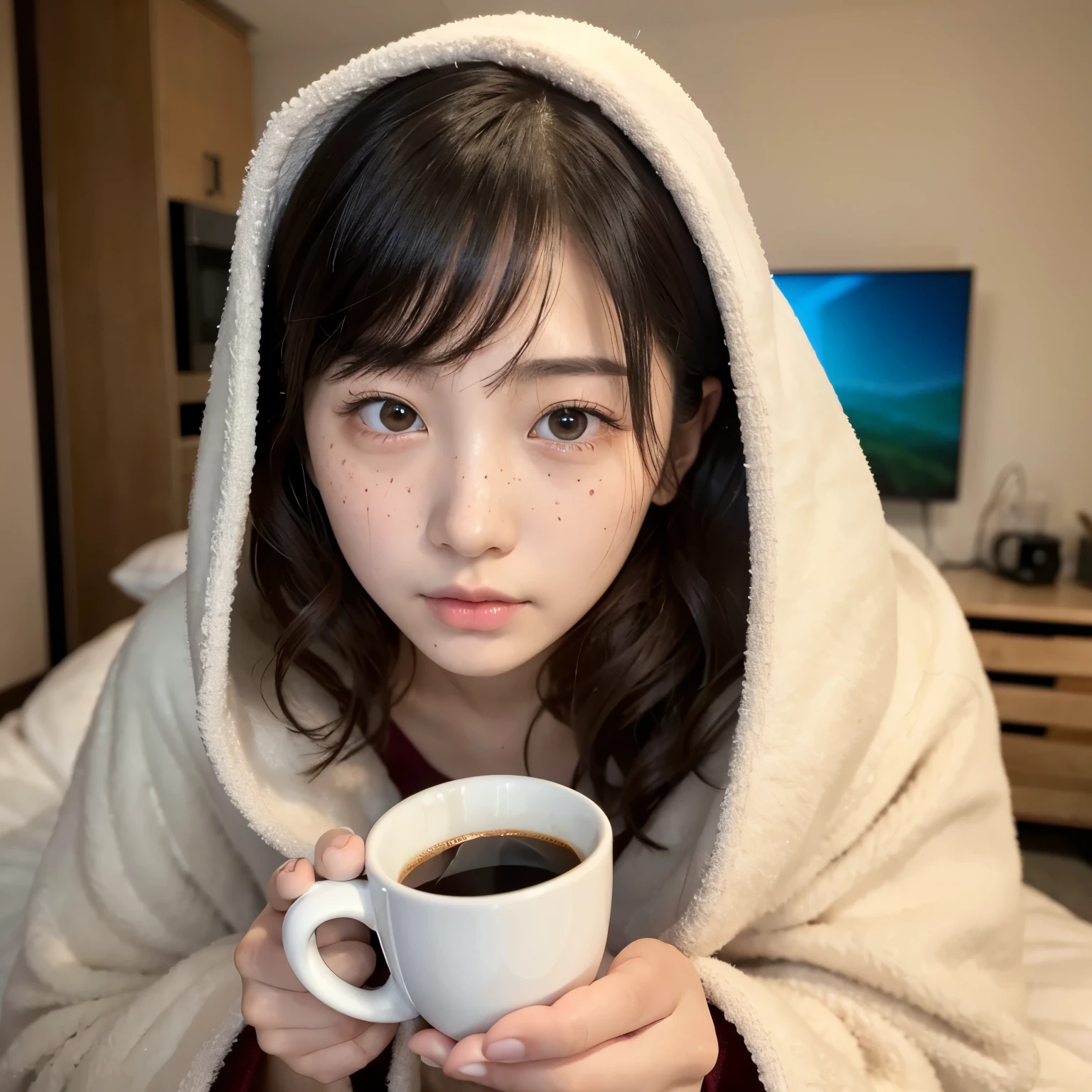 Cute woman wrapped in a fluffy blanket、((25-years old))、japanes、sitting on、1 girl in、Japanese narrow studio apartment、Hold a ceramic coffee cup with both hands、viewer is looking down、a picture、３５ｍｍfilmg、Sleepy face、short-hair、waved hair、disheveled haix、no-makeup、Plump lips、Detailed finger、real looking skin、Spoiled face、face with small mole、I have a few freckles