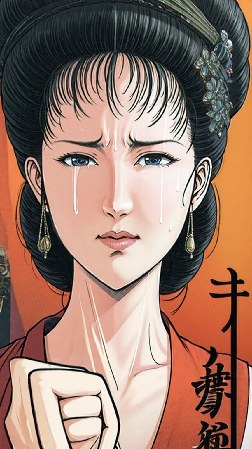 (best quality), (very aesthetic), (ultra-detailed), (best illustration),(a mature female),(perfect face),Suikoden,Mrs. Lin,(NSFW),((full_body)),((full_nude)),((crying)),Covers mouth with right hand,red cheek,sweating,skinny,flushed skin,(hairly pussy),chinese traditional bed room,overhead view