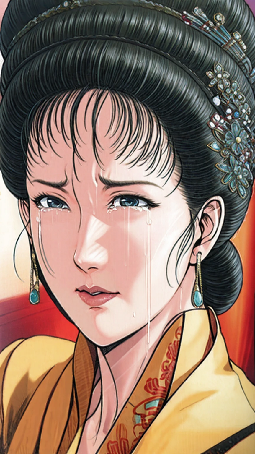 (best quality), (very aesthetic), (ultra-detailed), (best illustration),(a mature female),(perfect face),Suikoden,Mrs. Lin,(NSFW),((full_body)),((full_nude)),((crying)),Covers mouth with right hand,red cheek,sweating,skinny,flushed skin,(hairly pussy),chinese traditional bed room,overhead view