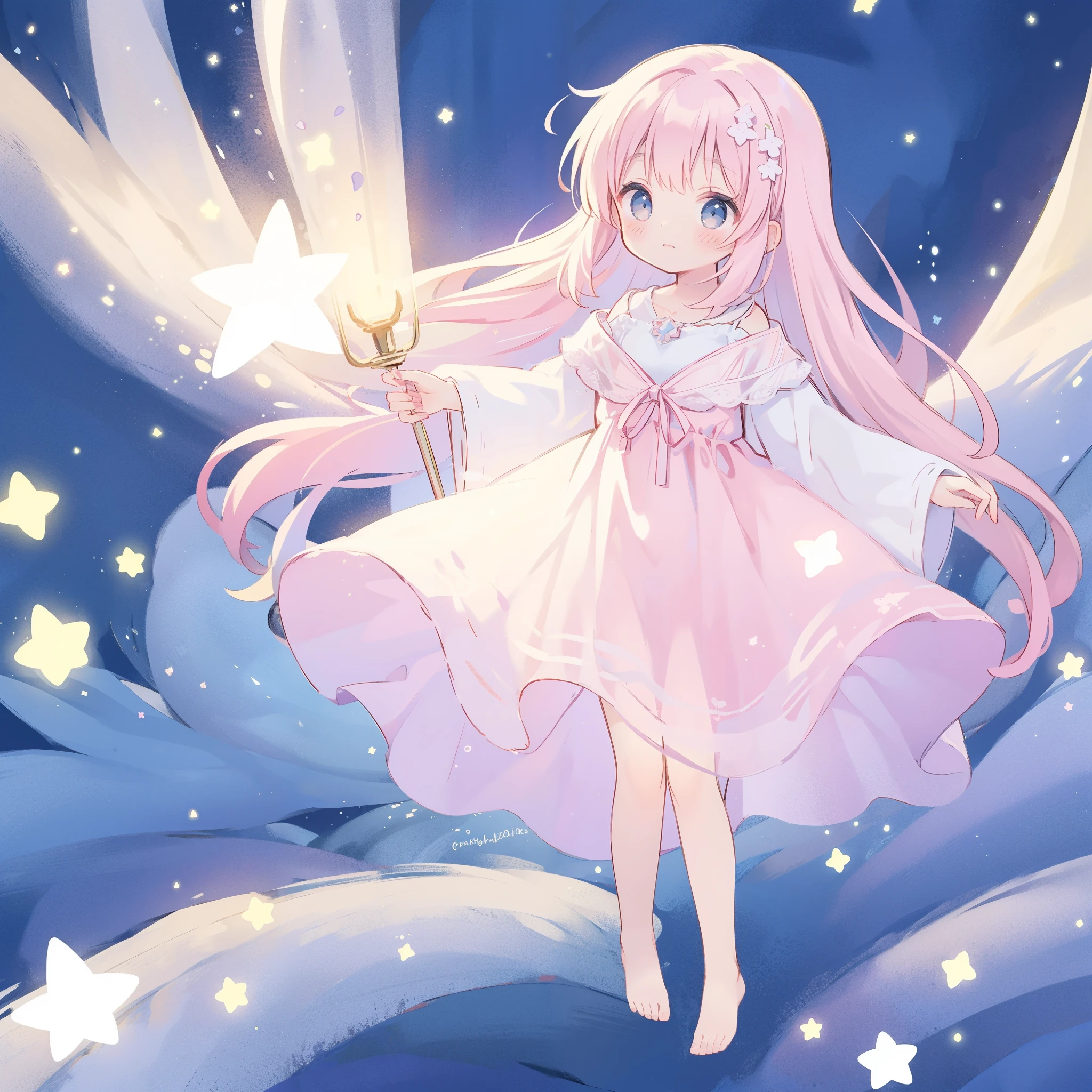 complex background, wishing star background, a woman wearing an ethereal mystical pink translucent dress that reflects the stars, dreamy, peaceful, serene composition, glowing stars, glowing, mystic, complex drawing, highly detailed, ethereal, starry night, midjourney style