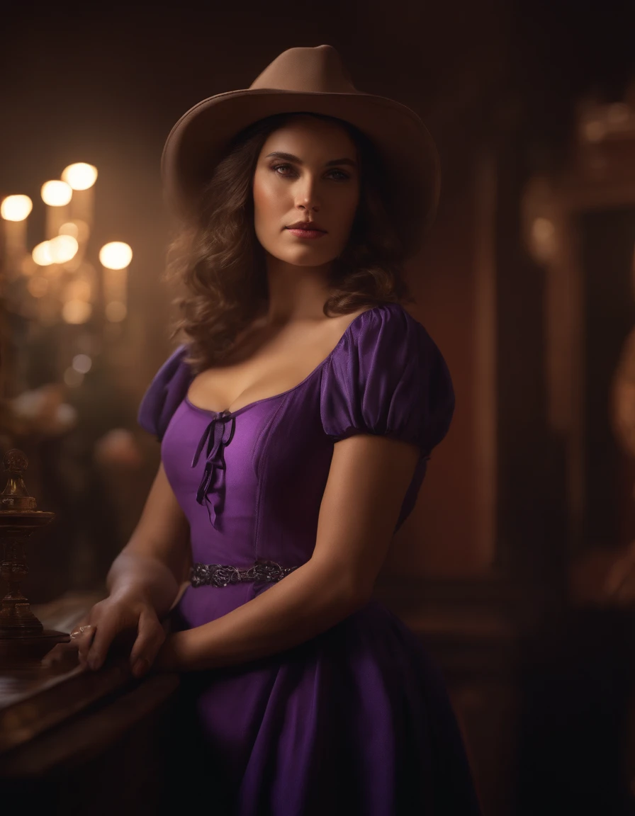 Hyperrealist Female Portrait by David Hockney and Alphonse Mucha,Fantasy art, Photorealistic, Dynamic Lighting, Art Station, Poster, Volumetric lighting, Highly detailed face, 4k yen, Awards,, One girl,  Deep Shadow, Cowboy Shot,Purple Dress ,Long Hair,Brown Hair,Huge breasts、Curved waist、Big Ass