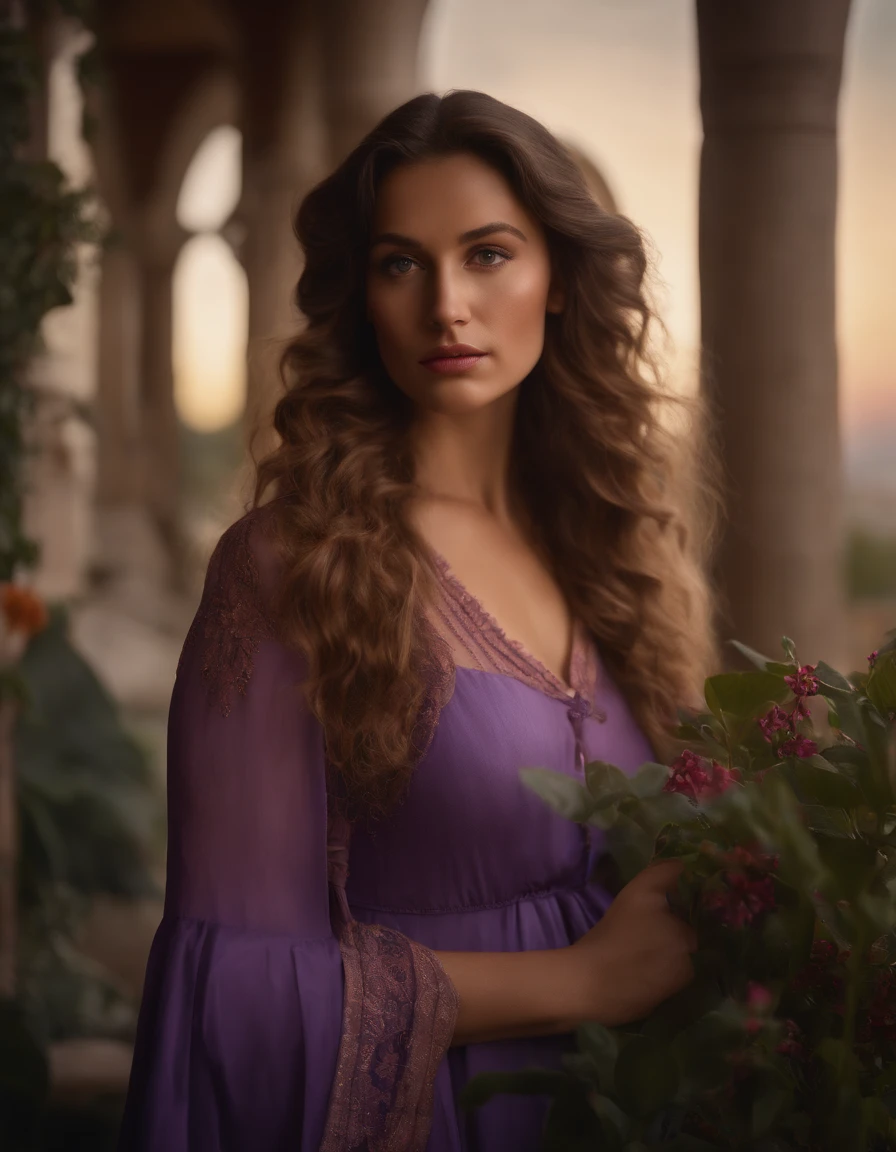 Hyperrealist Female Portrait by David Hockney and Alphonse Mucha,Fantasy art, Photorealistic, Dynamic Lighting, Art Station, Poster, Volumetric lighting, Highly detailed face, 4k yen, Awards,, One girl, Deep Shadow, Cowboy Shot,Purple Dress ,Long Hair,Brown Hair,Huge breasts、Curved waist、Big Ass