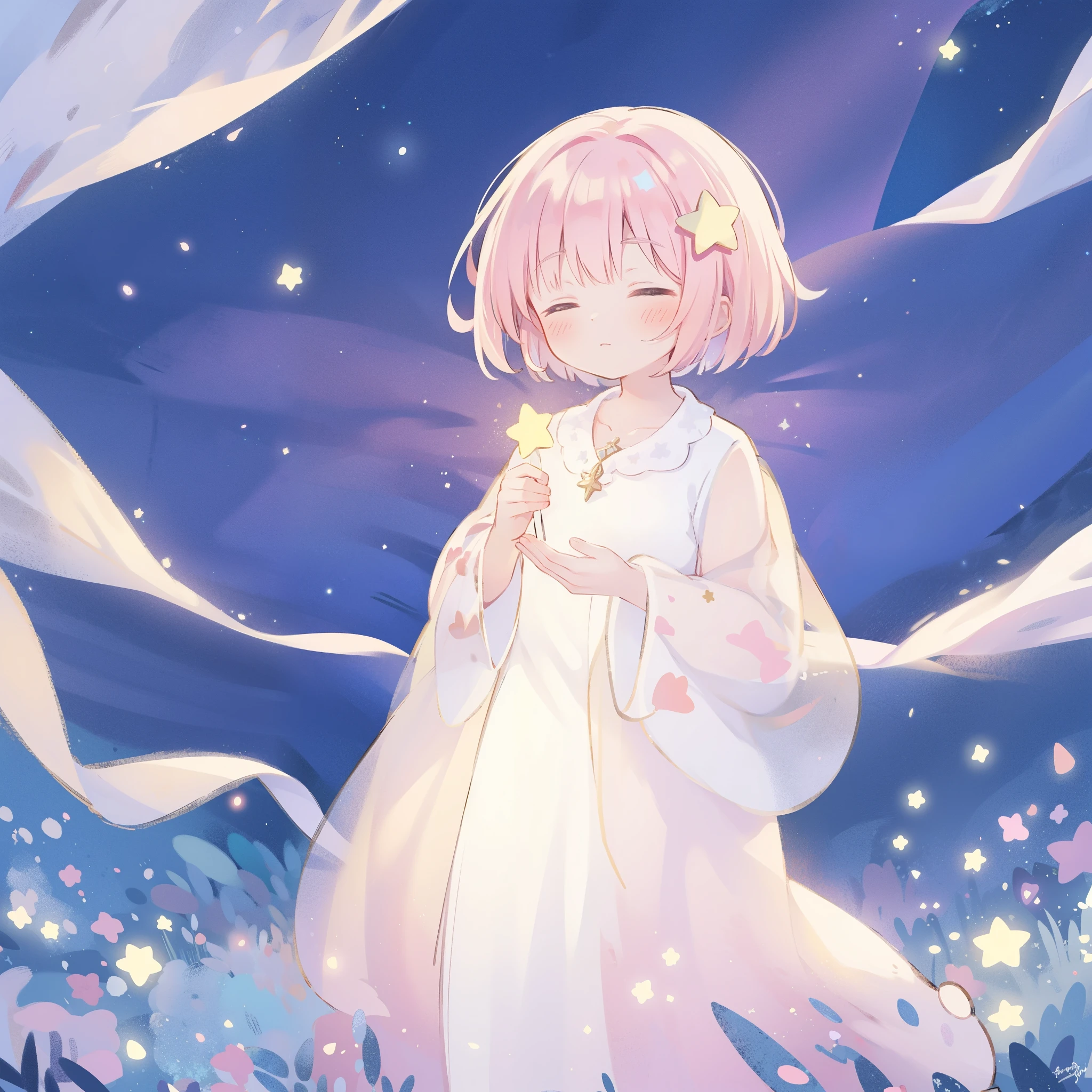 complex background, wishing star background, a woman wearing an ethereal mystical pink translucent dress that reflects the stars, dreamy, peaceful, serene composition, glowing stars, glowing, mystic, complex drawing, highly detailed, ethereal, starry night, midjourney style