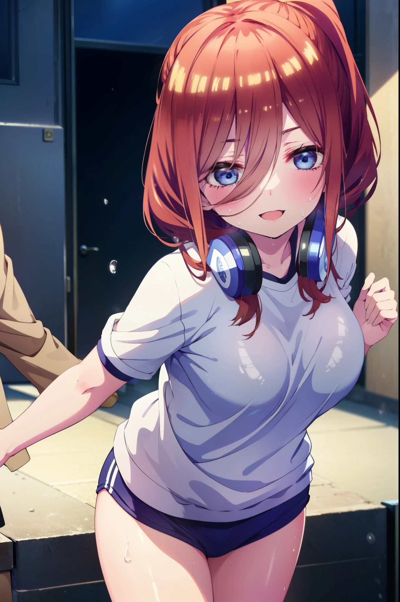 Mikunakano, Miku Nakano, Long Hair, bangs, blue eyes, Brown Hair, shirt, Hair between the eyes, Headphones,ponytail, smile, happy smile, smile, Open your mouth,Big Breasts,smile,Sweat,Wet Skin,Wet clothes,Sportswear,Bloomers,sneakers,whole bodyがイラストに入るように,running,Looking up from below,
break outdoors ,School,グラウンド
break looking at viewer, whole body,(Cowboy Shot:1. 5) ,
break (masterpiece:1.2), highest quality, High resolution, unity 8k wallpaper, (shape:0.8), (Beautiful details:1.6), Highly detailed face, Perfect lighting, Highly detailed CG, (Perfect hands, Perfect Anatomy),