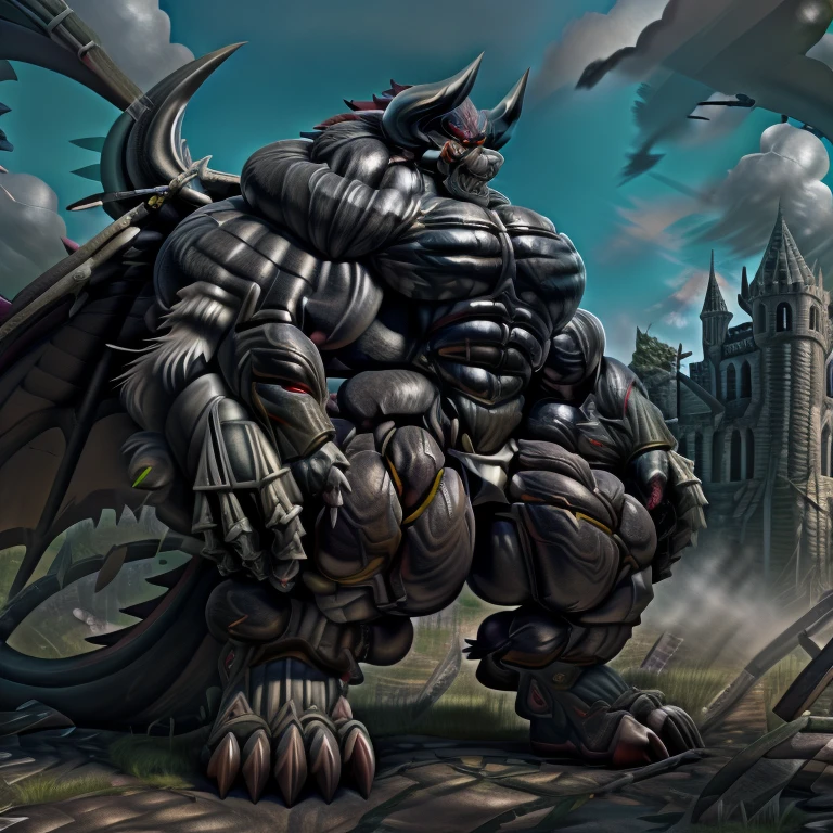 (gigantic muscles), 8K, Masterpiece, highres, Detailed head, Detailed Body, full body, Detailed abs, wearing crNanosuit, big muscle (pecs, triceps, traps) unusually developed muscular body,
body full of huge muscles.
pectorales enormes. Exaggeratedly huge muscles. Gigachad Muscular, gigantic muscles, Colossal giant NANOSUIT over a battlefield, The claws are sharp, Sharp teeth, Spread wings, have big wings. black wings, nj5furry, Animal paws, castle, black visor, demon lord dragon batzz