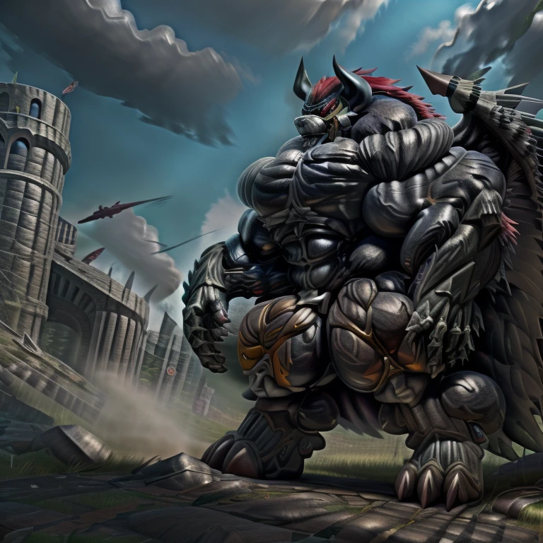 (gigantic muscles), 8K, Masterpiece, highres, Detailed head, Detailed Body, full body, Detailed abs, wearing crNanosuit, big muscle (pecs, triceps, traps) unusually developed muscular body,
body full of huge muscles.
pectorales enormes. Exaggeratedly huge muscles. Gigachad Muscular, gigantic muscles, Colossal giant NANOSUIT over a battlefield, The claws are sharp, Sharp teeth, Spread wings, have big wings. black wings, nj5furry, Animal paws, castle, black visor, demon lord dragon batzz