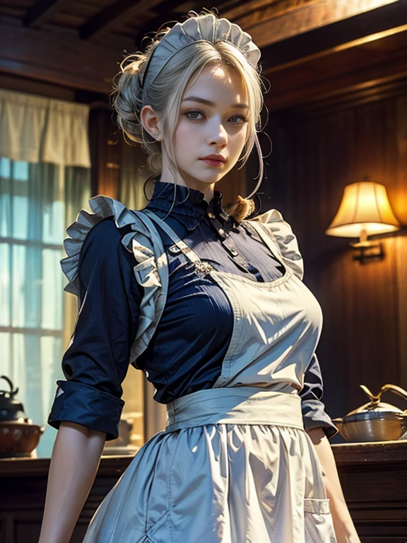 Maid clothesを着た美しいサイボーグの女性兵士、Short white hair、Muscular、Six Pack Abs、(Maid clothes:1.8)、(White ruffled apron:1.4)、Facial blemishes、Eye patch、（Fighting Aliens:1.55）、Smirking expression、Dynamic configuration、detailed、Photorealistic、8k、High resolution、超detailed、Cinematic lighting、Dramatic colors、SF、Concept Art