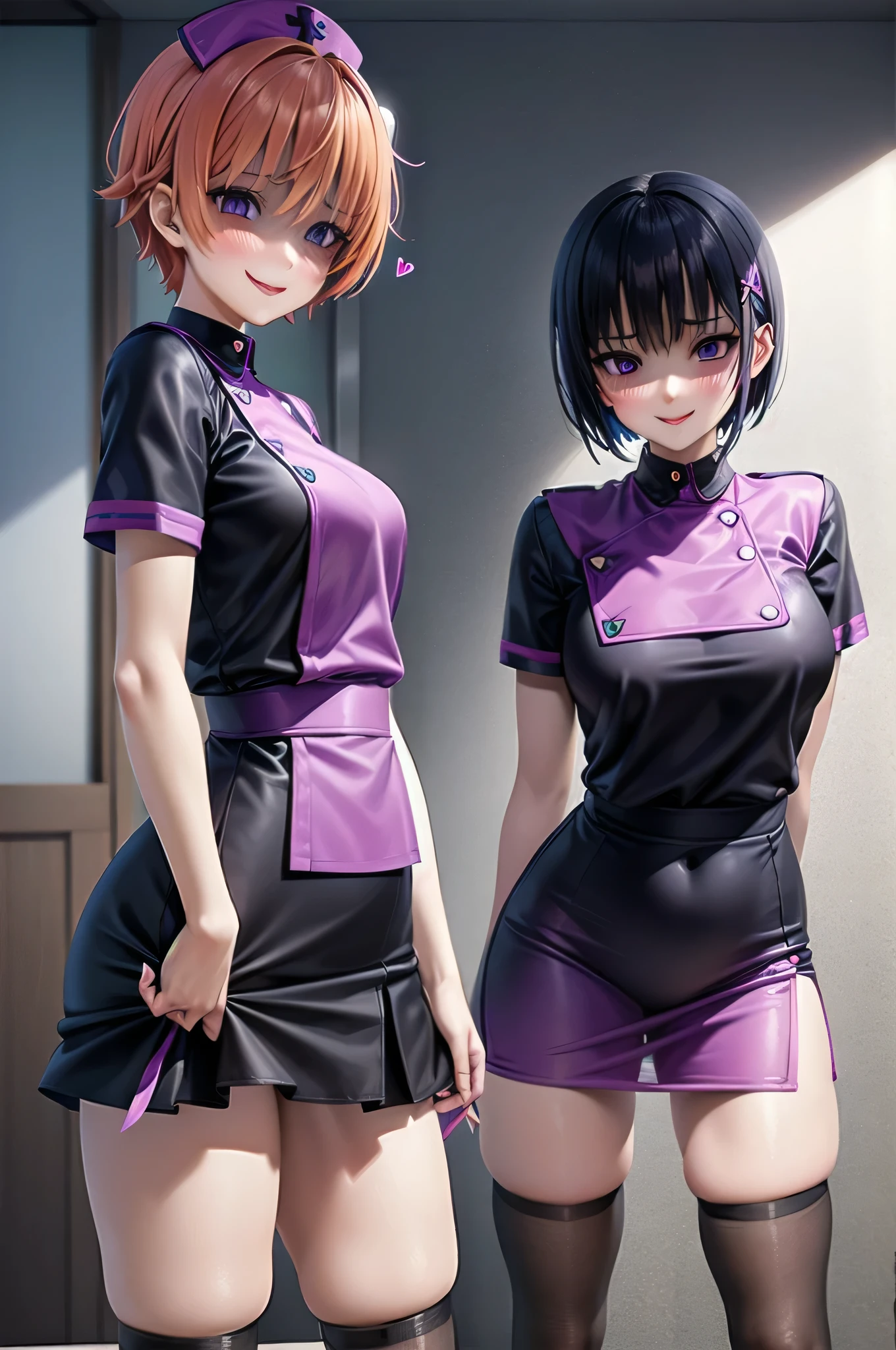 One girl, alone,Black Nurse, black nurse cap, Black clothes, ((Black legwear, zettai ryouiki)), Black gloves, Very short hair, Orange Hair, smile, Open your mouth, Are standing, ((Hospital room)), Sharp contours, Short sleeve, Tomboy, boyish, highest quality, masterpiece,facial,Heart symbol、uterine orifice、Fertilization, Glasses,Voice of the Heart,Breast milk,Ecstatic expression、yandere、Until death、Purple eyes,blush、Downward shot