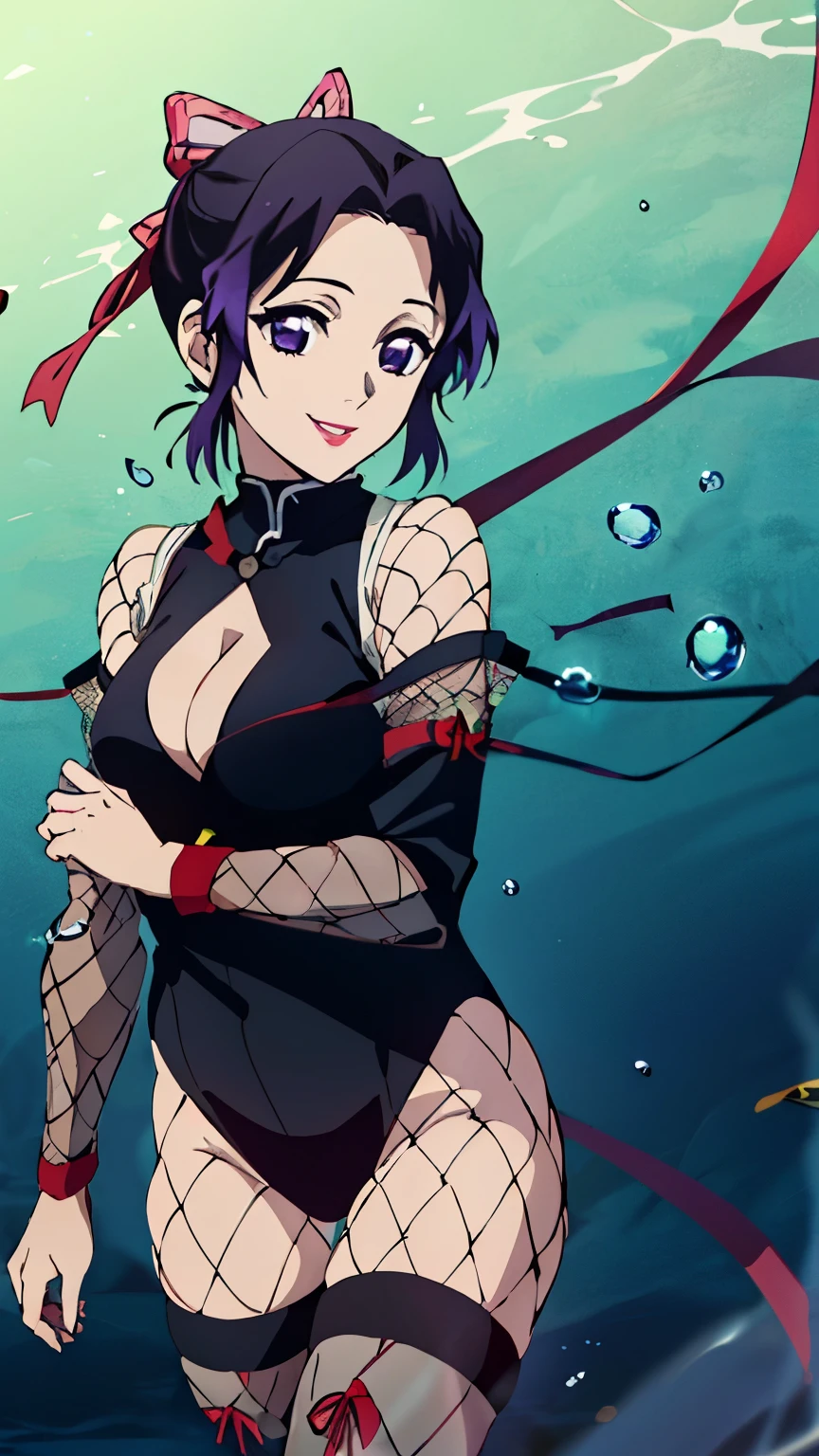 (Top Quality, 8K, High Resolution, Masterpiece: 1.2), Anime Art Style, Shinobu Kocho, 1 Girl, Perfect Face, Perfect Eyes, Soft Expression, Medium Breasts, Purple Hair, Natural Lips, Short Hair, Pretty Parted bangs, purple eyes, narrow eyes, large butterfly hair clip, (((ninja:1.3),(fishnet-bodysuit:1.3), bare shoulders, detached sleeves, cleavage,thighhighs,ponytail, (red ribbon:1.2),(ninja sword:1.0), smile,cowboy shot)), viewer appreciation,